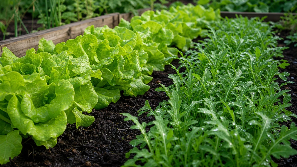 Grønn salat og ruccola i tett rad med fuktig jord mellom plantene